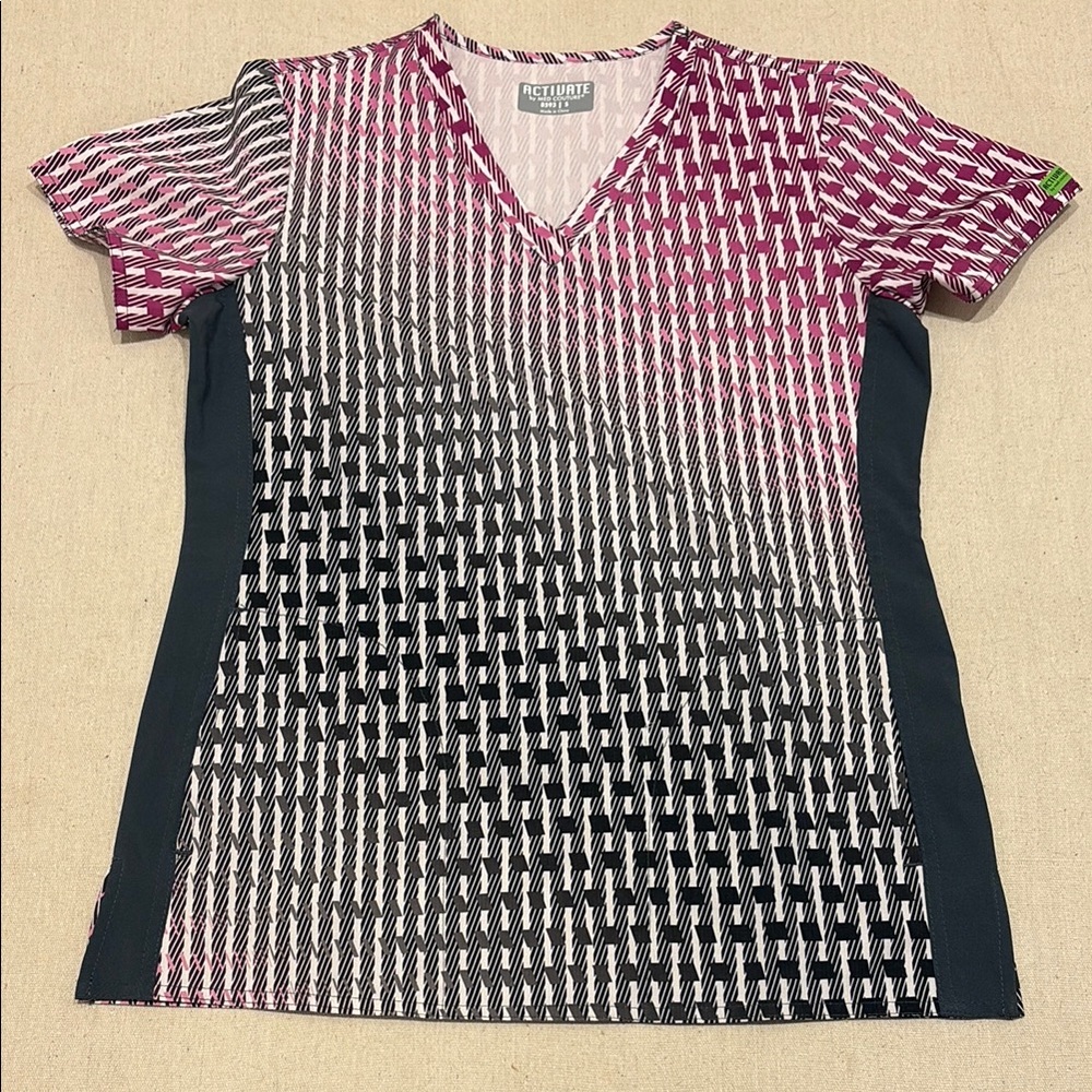 Activate by Med Couture Pink and Black Scrub Top, women’s size small